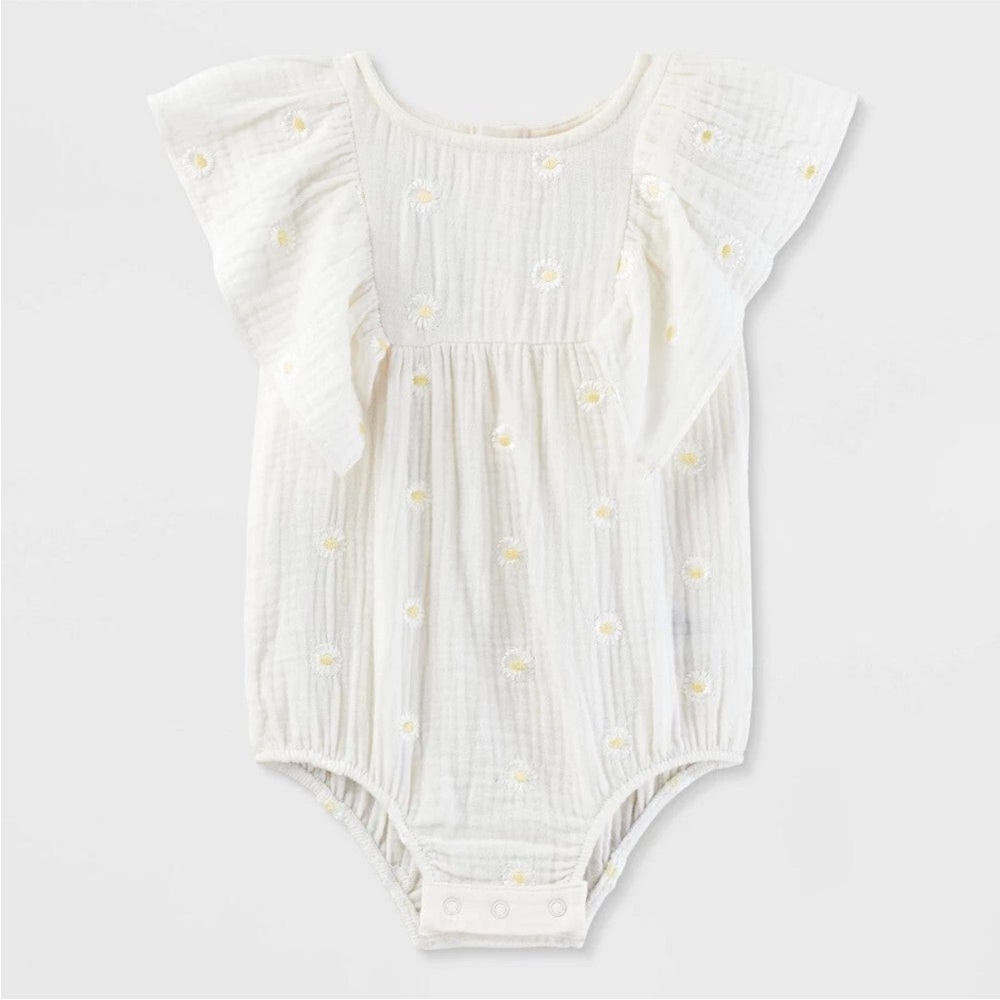 Baby Girls' White Daisy Embroidered Romper.